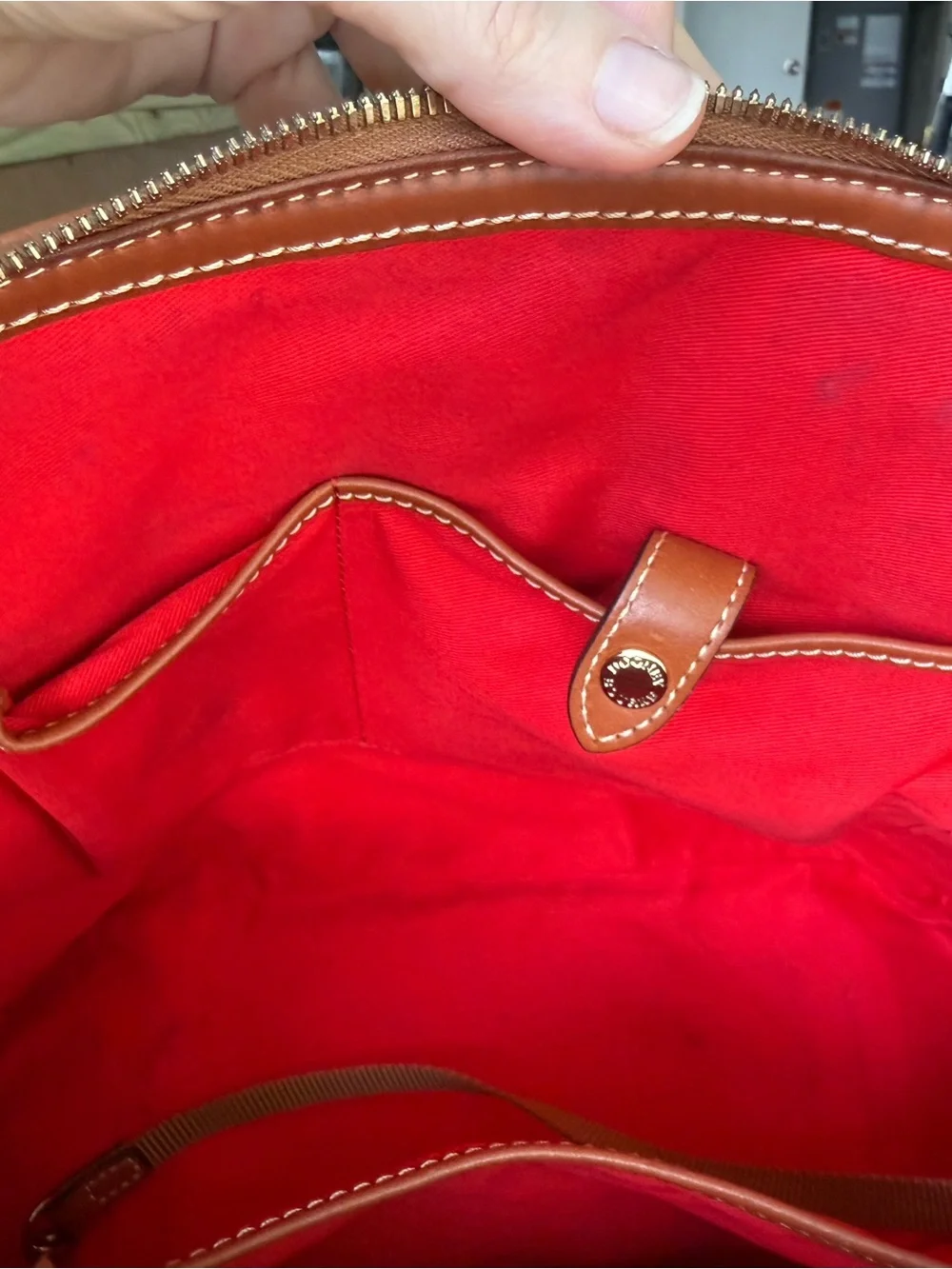 Dooney & Bourke Cognac Pebbled Leather Satchel with Crossbody Strap Dome Zip Zip